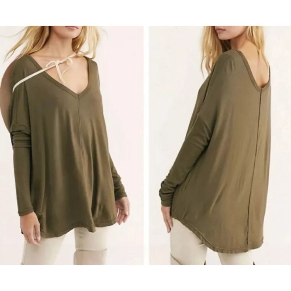 Free People Moonshine V-Neck Tunic Top Size S Olive Oversized Long Sleeve